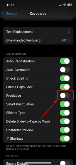 Turn off predictive text on iPhone