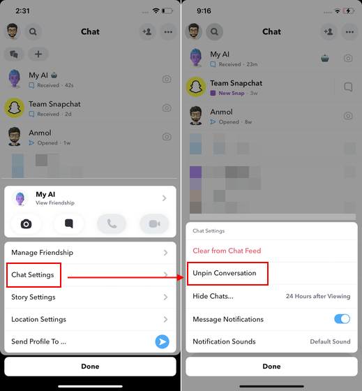 unpin My AI from snapchat chat feed