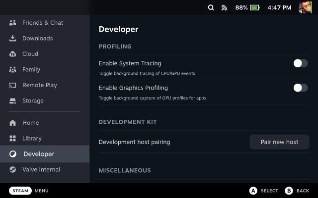 SteamOS Developer Menu