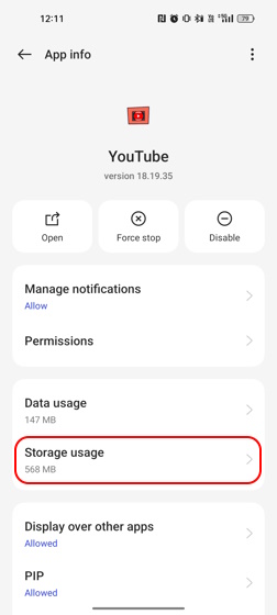 Storage usage tab Android settings