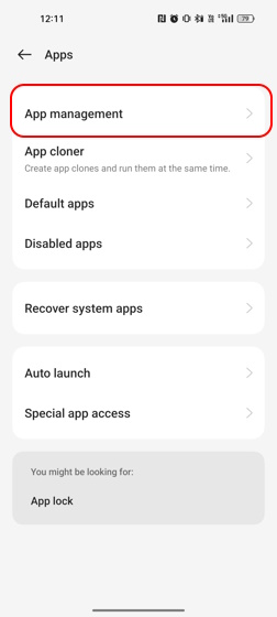 App management tab Android settings