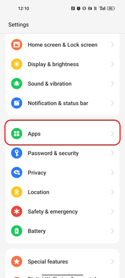Apps tab Android settings