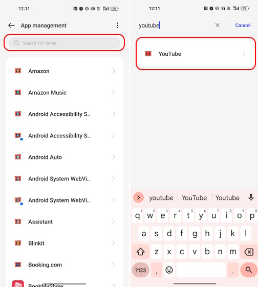 Android app management section