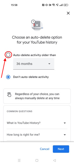How to select auto-delete timeline on YouTube