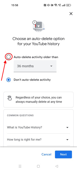 How to select auto-delete timeline on YouTube
