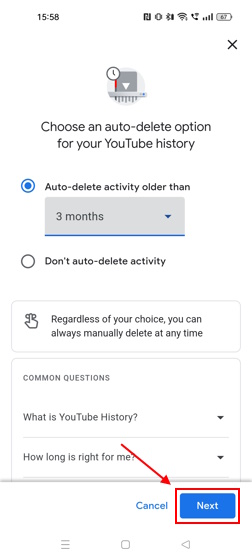 Choosing auto-delete timeline on the YouTube app