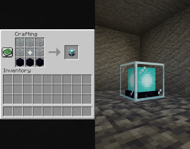 Beacon recipe and a beacon, one of the brightest Minecraft light source blocks, in a dark room.