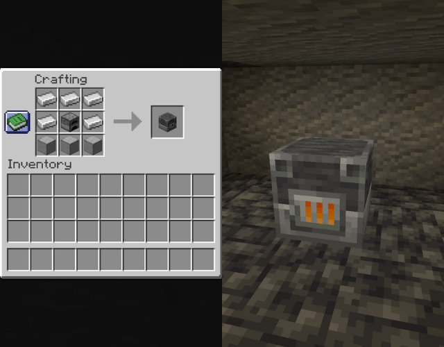 Blast furnace recipe and a lit blast furnace in a dark room