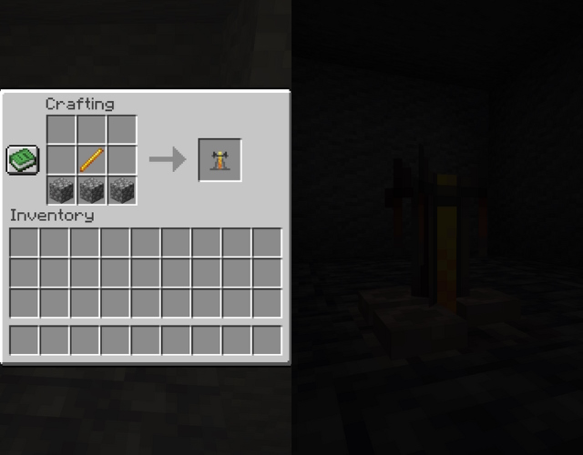 Brewing stand recipe and a brewing stand, one of the dimmest Minecraft light source blocks, in a dark room.