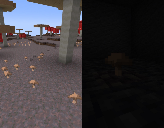 Brown mushroom recipe and a brown mushroom, one of the dimmest Minecraft light source blocks, in a dark room.