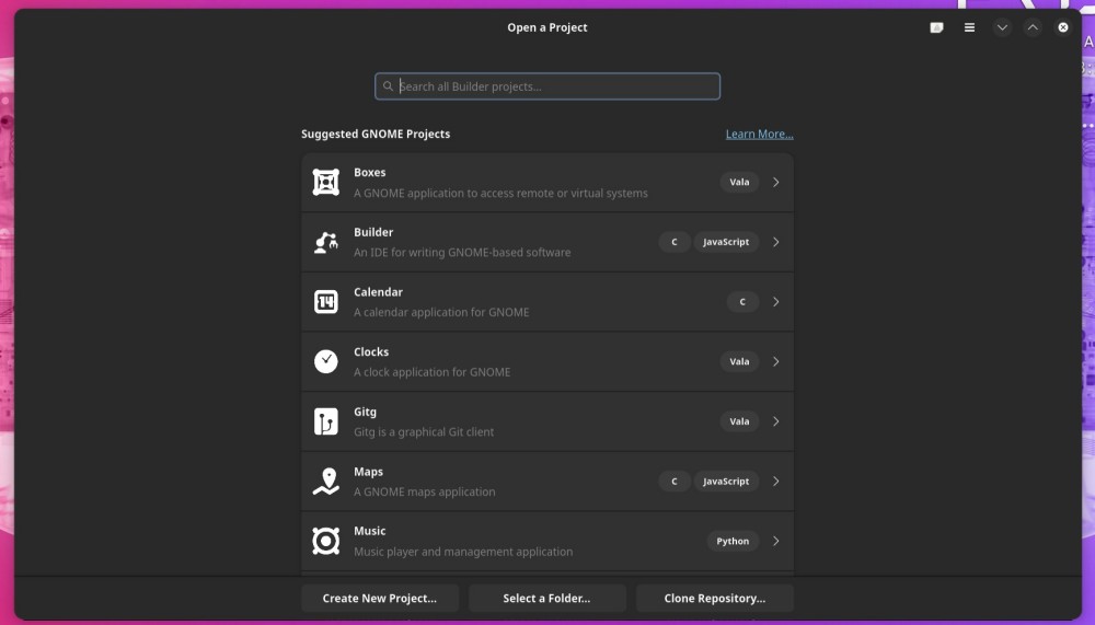 Gnome Builder app with projects