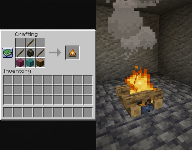 Campfire recipe and a campfire, one of the brightest Minecraft light source blocks, in a dark room.