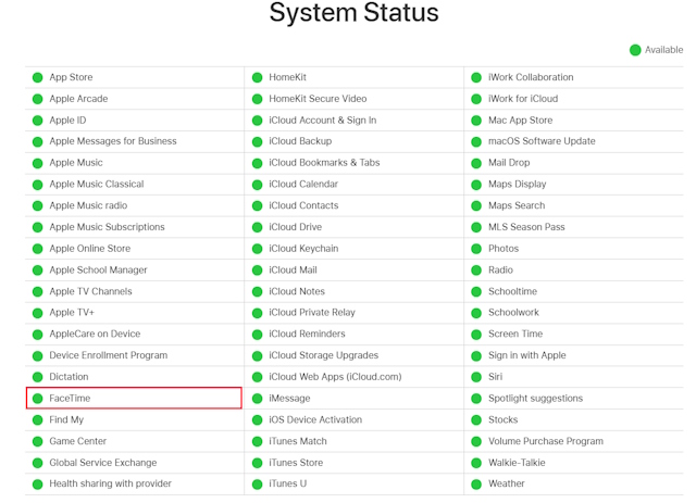 Check FaceTime on Apple System Status Page