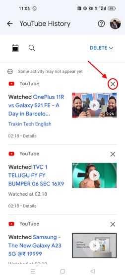 Delete individual videos from watch history on YouTube Mobile app