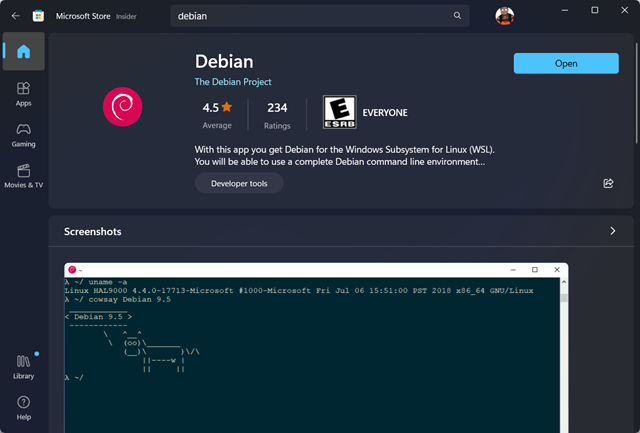 Debian on the Windows Store