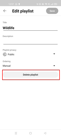 Delete playlist option YouTube Studio Mobile