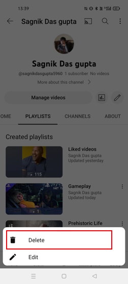 Кнопка удаления плейлиста YouTube Mobile