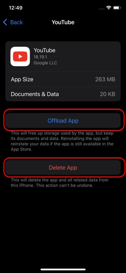 Offload or delete an iOS app to turn on restricted mode off YouTube