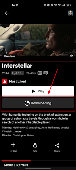 Netflix アプリで映画の進行状況をダウンロードします。