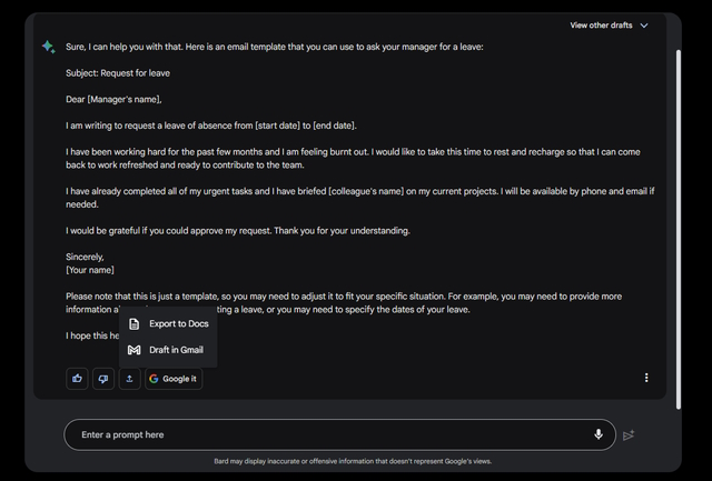 export chats google bard features