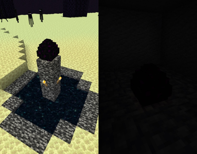 Exit portal in the End and the Dragon egg, one of the dimmest Minecraft light source blocks, in a dark room