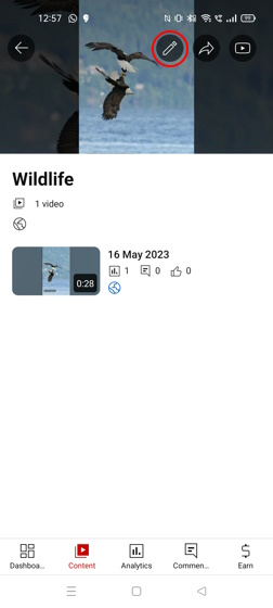 Edit playlist button YouTube Studio Mobile