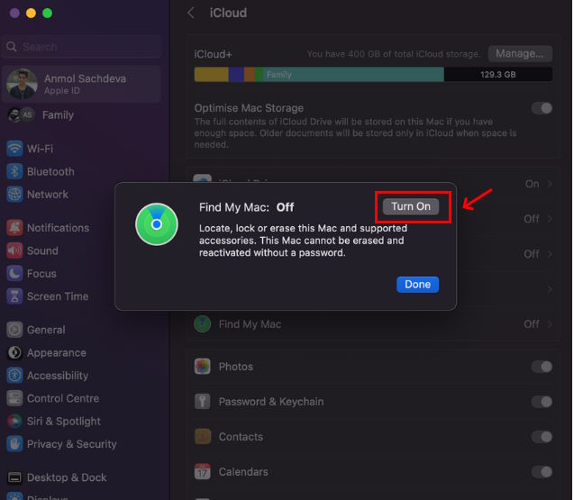 Turn ON Find My Mac