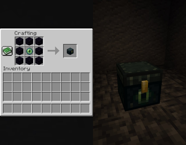 Ender chest recipe and an ender chest in a dark room.