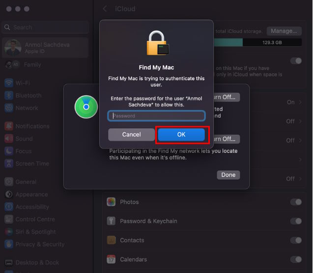 Enter password to enable Find My Mac