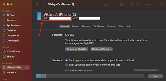 iPhone IMEI via Finder