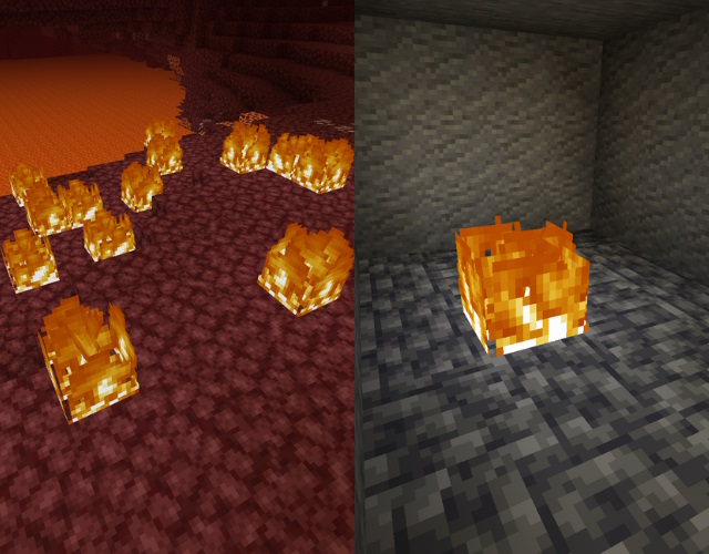 Fire in the Nether and fire, one of the brightest Minecraft light source blocks, in a dark room.