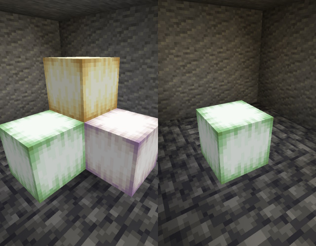 Froglight variants and a single froglight, one of the brightest Minecraft light source blocks, in a dark room.