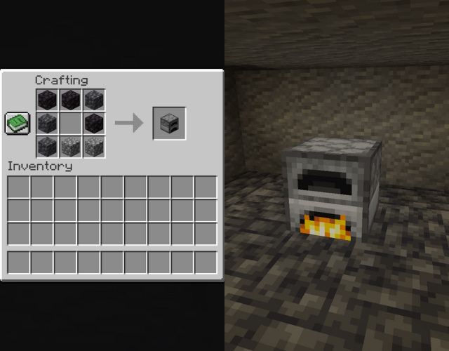 Furnace recipe and a lit furnace in a dark room.