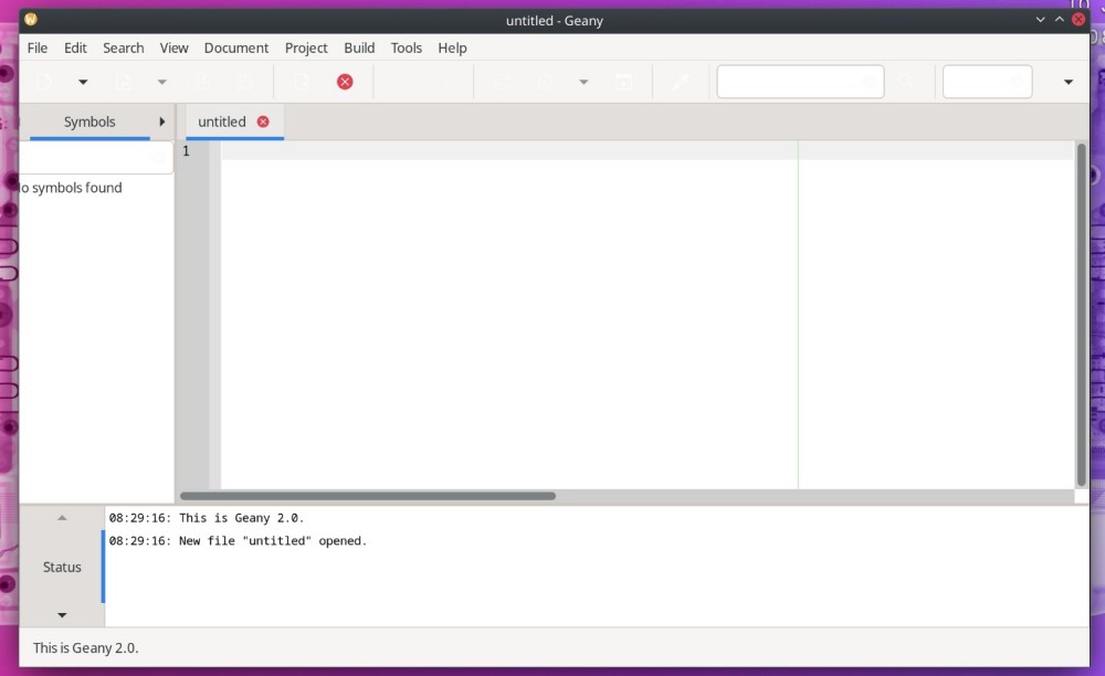 Geany Text editor GNOME with an empty project