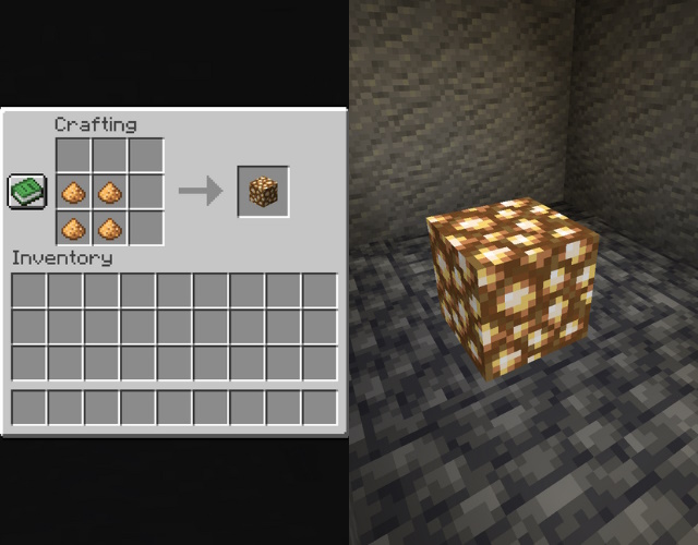 Glowstone recipe and a glowstone, one of the brightest Minecraft light source blocks, block in a dark room.