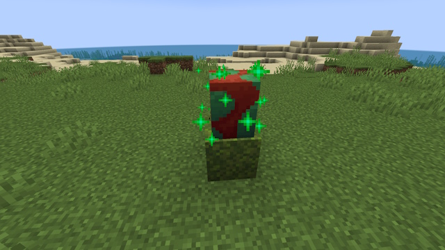 Green particles around a sniffer egg on a moss block in Minecraft