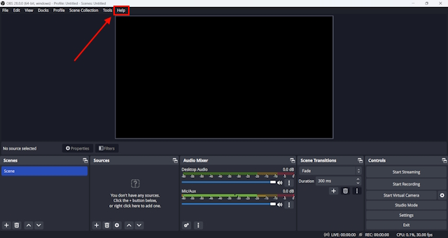 Help section on Open Broadcaster Software for Windows