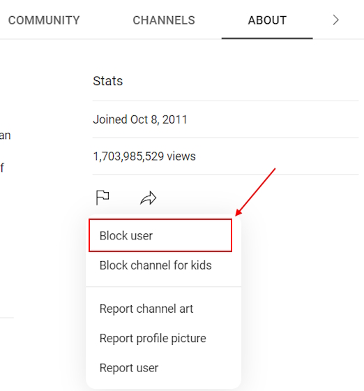 Block user on YouTube web version