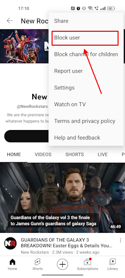 Block user option on YouTube mobile app