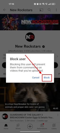 Block user confirmation dialogue box on YouTube mobile