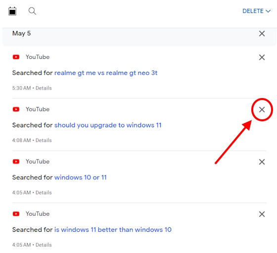 Delete individual videos from watch history on YouTube web version