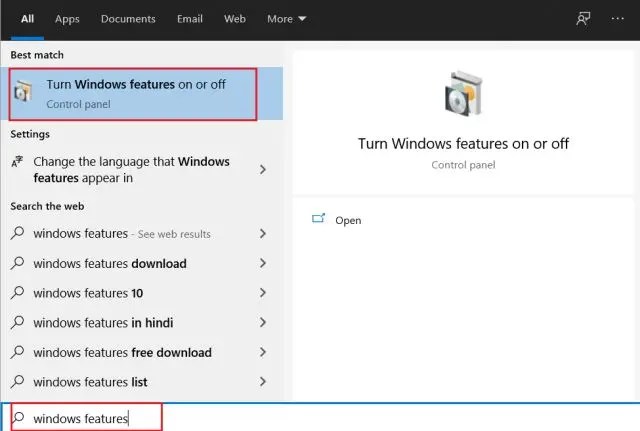 Turn Windows features on or off