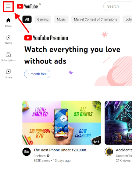 YouTube Hamburger menu icon on web version