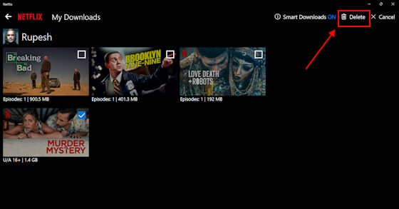 Netflix PC の削除ボタン