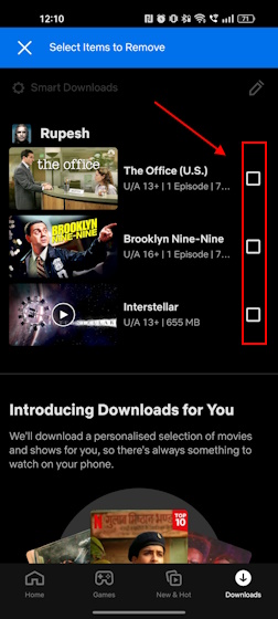 Netflix でのダウンロードを管理するチェックボックス