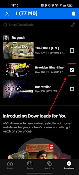 Netflix モバイル アプリのダウンロード チェックボックスを削除します。
