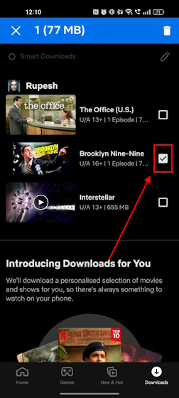 Delete downloads checkbox on Netflix app for mobile