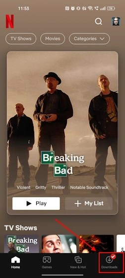 ダウンロードセクションの下部パネル Netflix モバイル