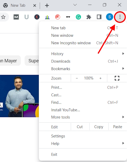 Three-dot menu on Chrome browser