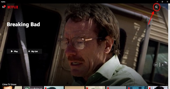 Search button on Netflix app for Windows